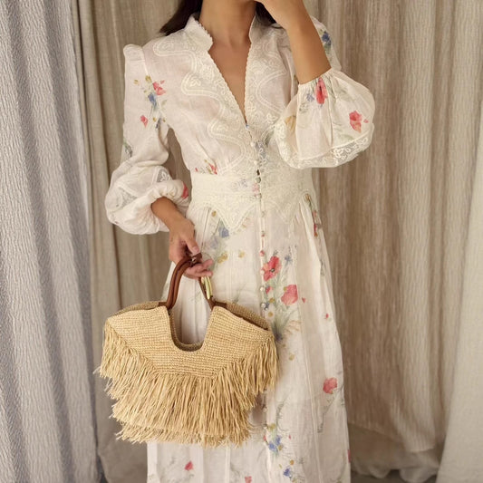 2025Spring and Summer European and American Cross-Border Palace Retro Style V Collared Waist Lantern Sleeve Printed Long Dress for Women
