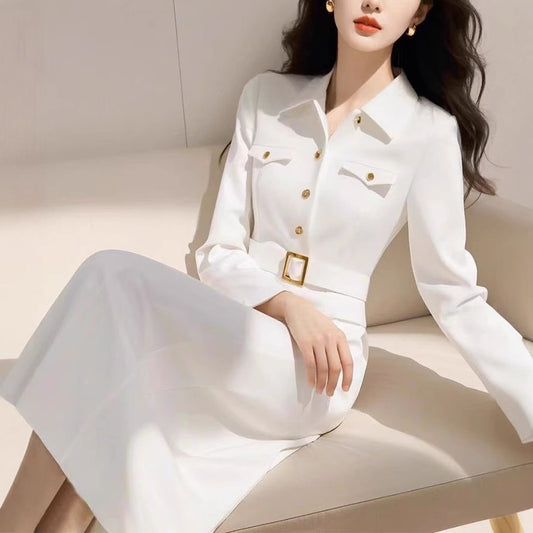 Elegant Socialite Goddess Style High-End White Shirt Dress for Important Occasions Spring and Autumn