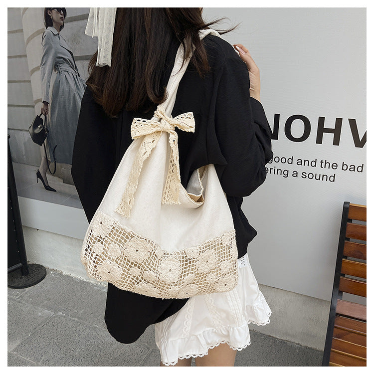 Design Summer Vacation Style Large Capacity Beach Bag Niche Lace Canvas Underarm Bag Women's Floral Single Shoulder Tote Bag