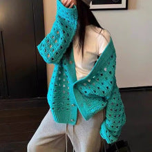 2025Spring New Soft Gentle Fairy Style Hollow Out Sweater Mid-Length Lazy Solid Color Cover-Up Top