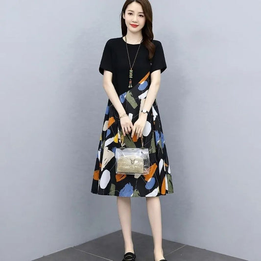 Summer Plus Size Fashion Patchwork Dress2025New Loose Slimming Belly-Covering Age-Reducing Elegant Fake Two-Piece Dress