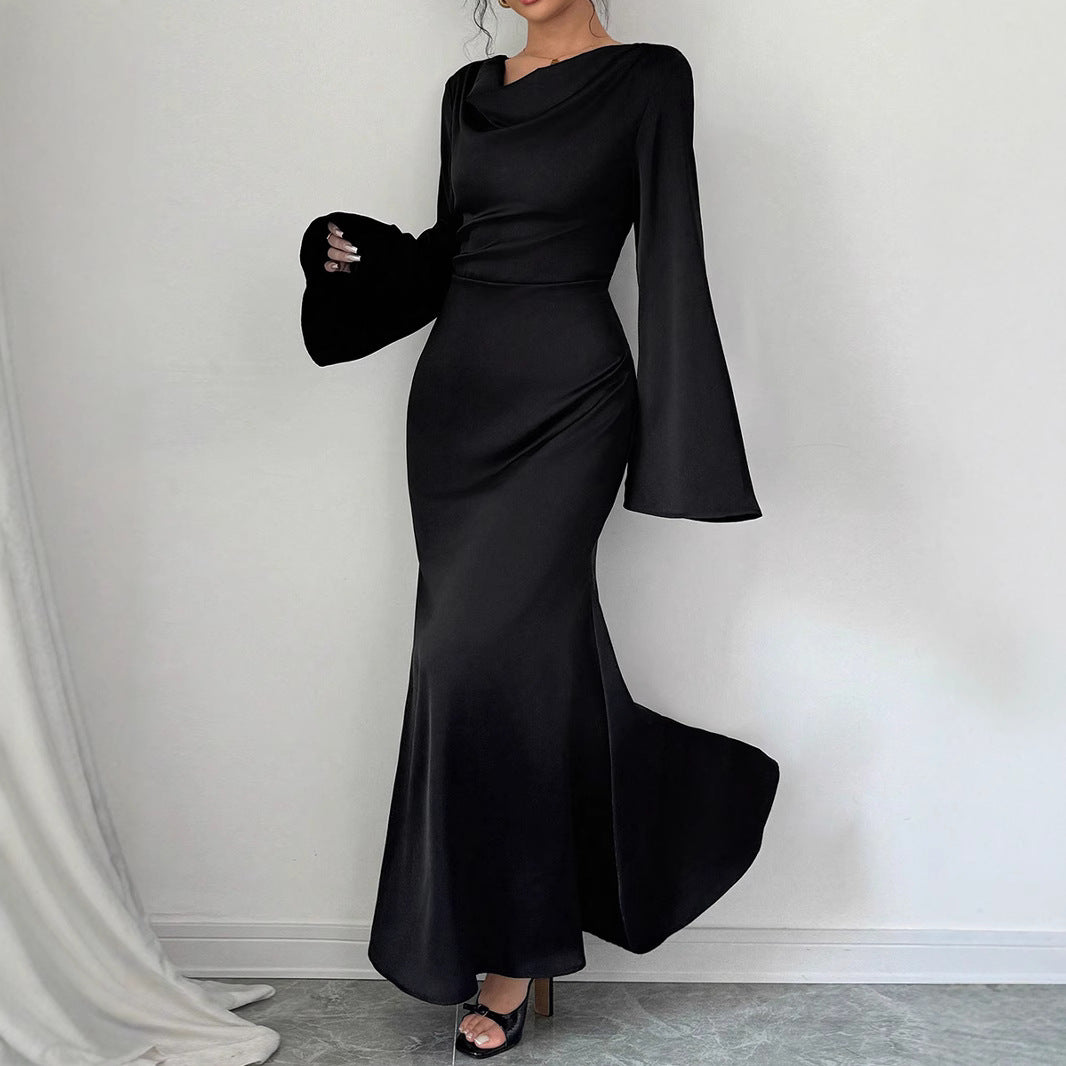 Pear-shaped Body Wear Women's Long-sleeved Loose Belted Waist Black Long Dress High-end Sense of Temperament Style Dress for Women