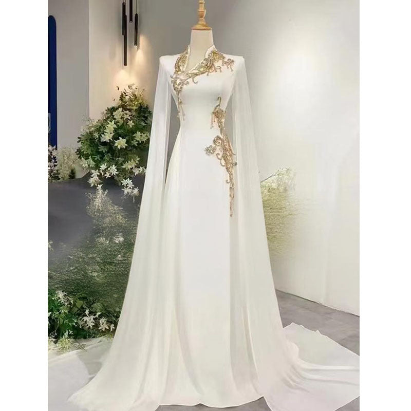 White evening dress with a high-end feel2025New Model Music Student Art Exam Vocal Performance Female Singer Folk Song Solo Performance Elegant