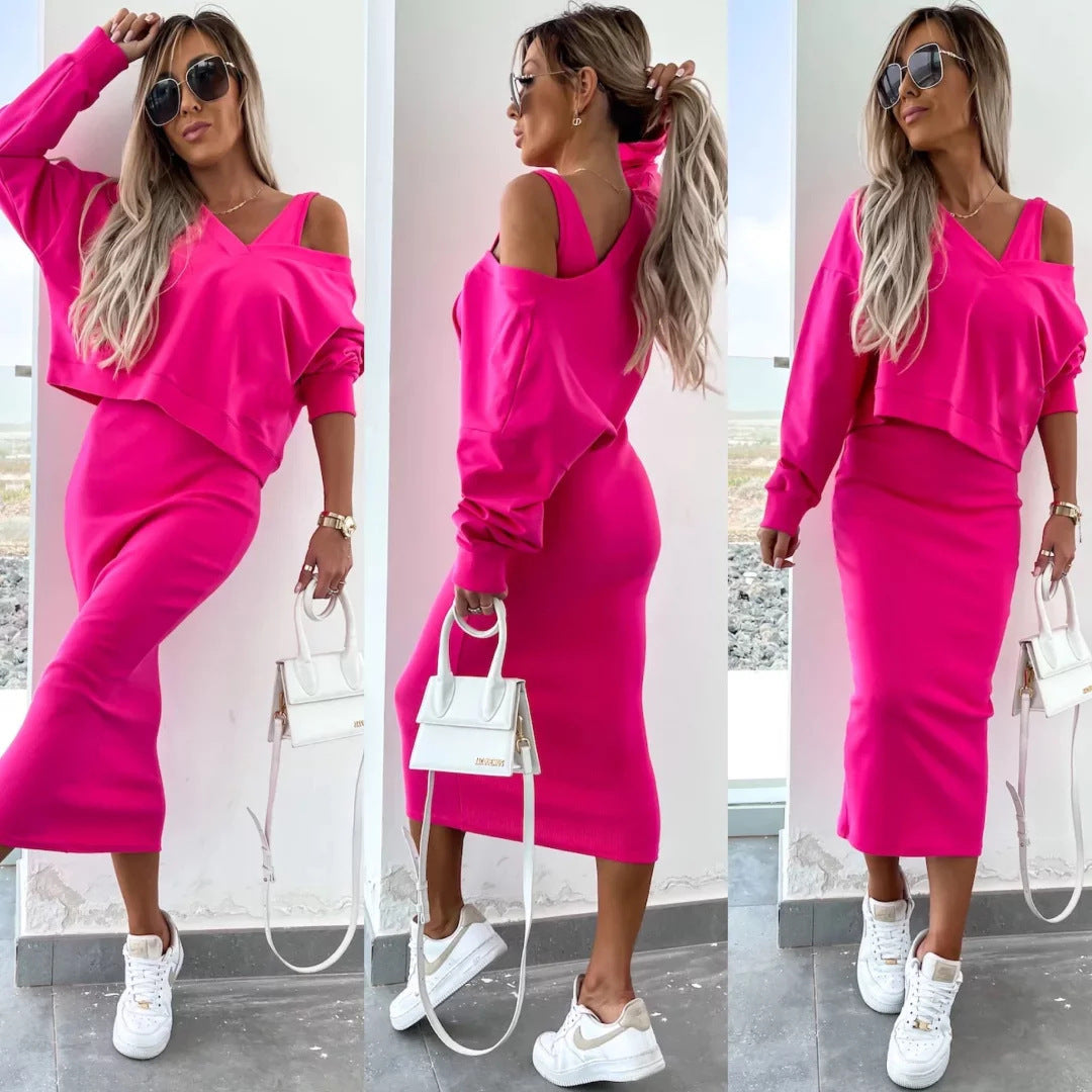 Amazon European and American Cross-Border New Spring Summer Women's Solid Color Clothing V Collar Long Sleeve Sweater Sling Slim Fit Long Dress2Set