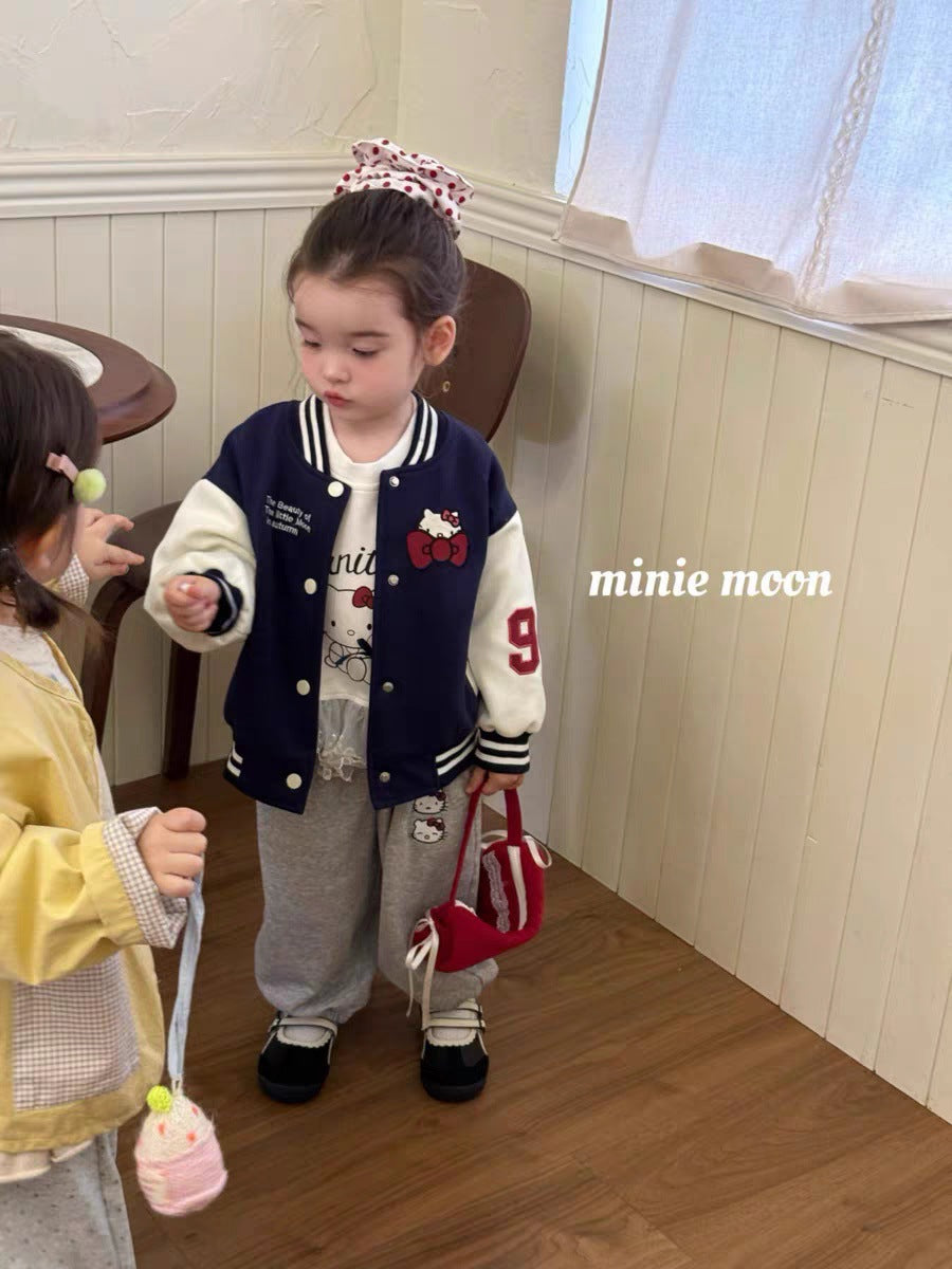 Sweet Little Chef Children's Clothing2025Autumn New Cute Girls' Toddler Outfit KT Cat Color Block Baseball Jacket Cartoon Sweatshirt Trendy