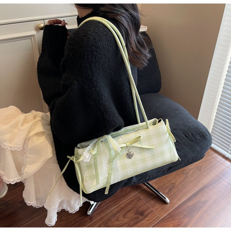 Dopamine Plaid Handbag Small Tote Bag for Women Summer2025New Ballet Style Bow Baguette Bag Underarm Bag Trendy
