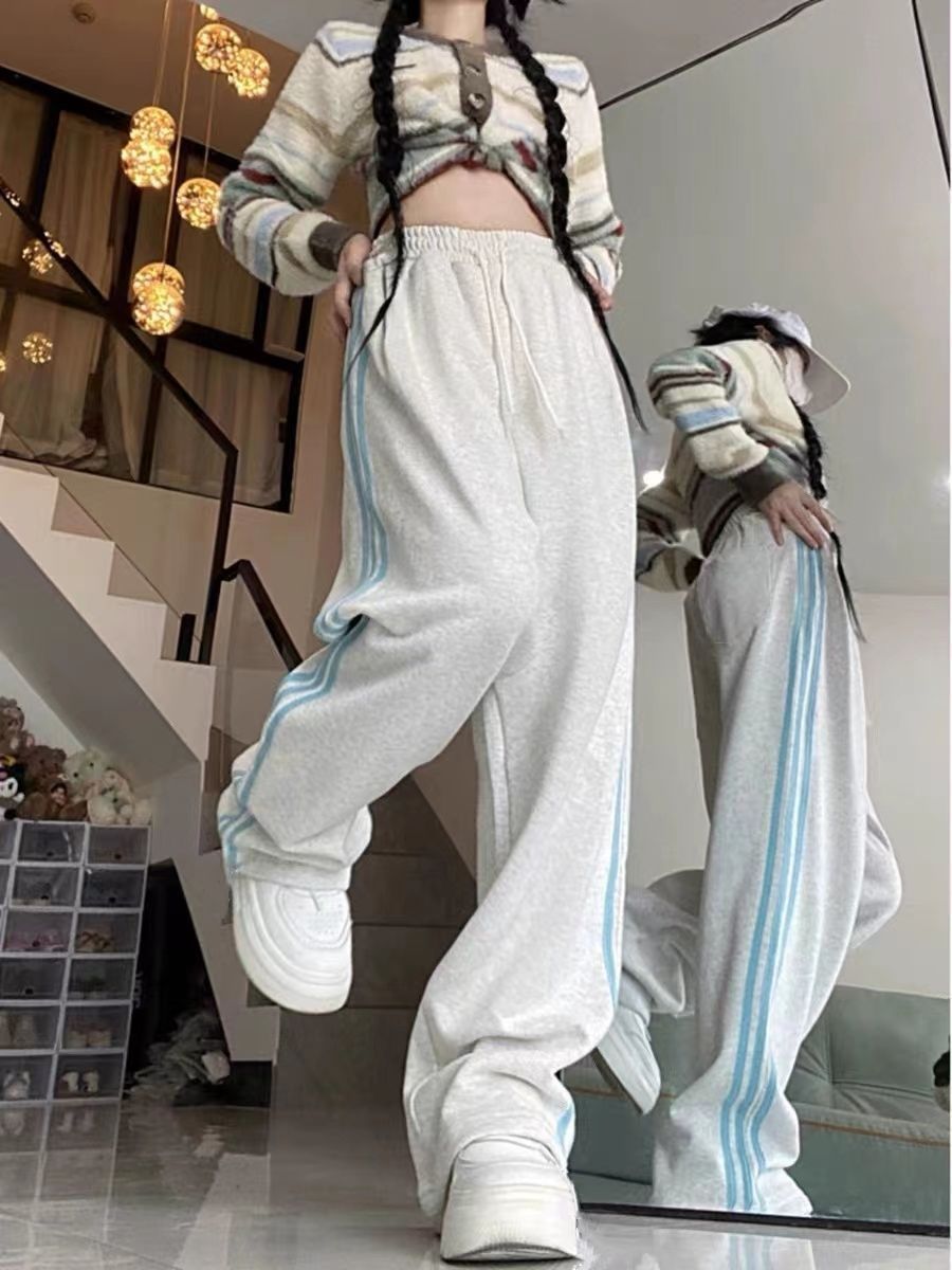 Melard Wide-Leg Pants for Women, Autumn and Winter New Loose Slimming Versatile American Style Striped Casual Sports Sweatpants