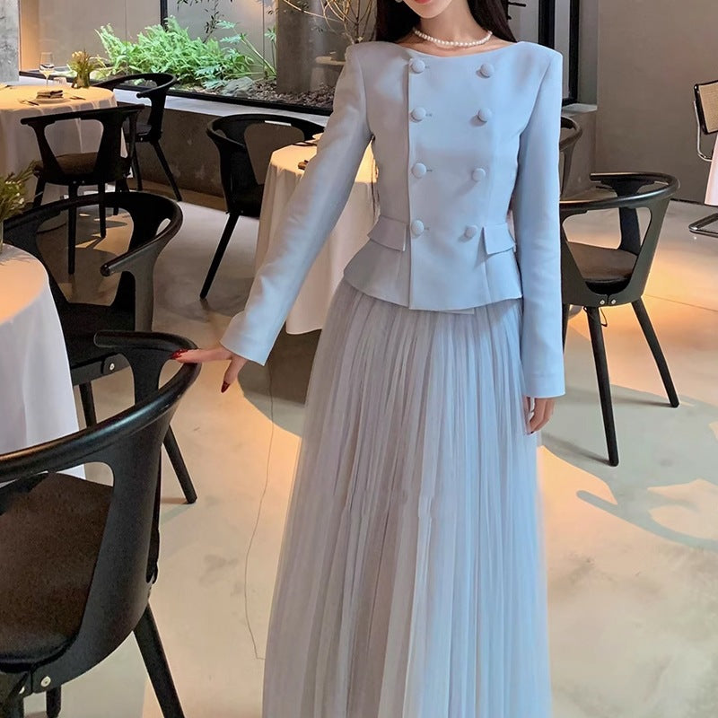Fashionable Scarlett2025Super Popular Spring Outfit Set for Women: Top, Jacket, Half Skirt, Round Neck, Socialite Style