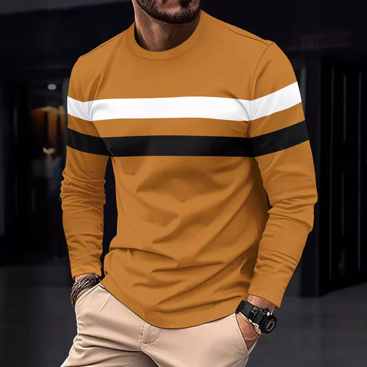 Cross-Border Trade Plus Size Autumn Winter Men's Crew Neck Long Sleeve Color Block Base Shirt Pullover Thin Long Sleeve T Men's T-shirt