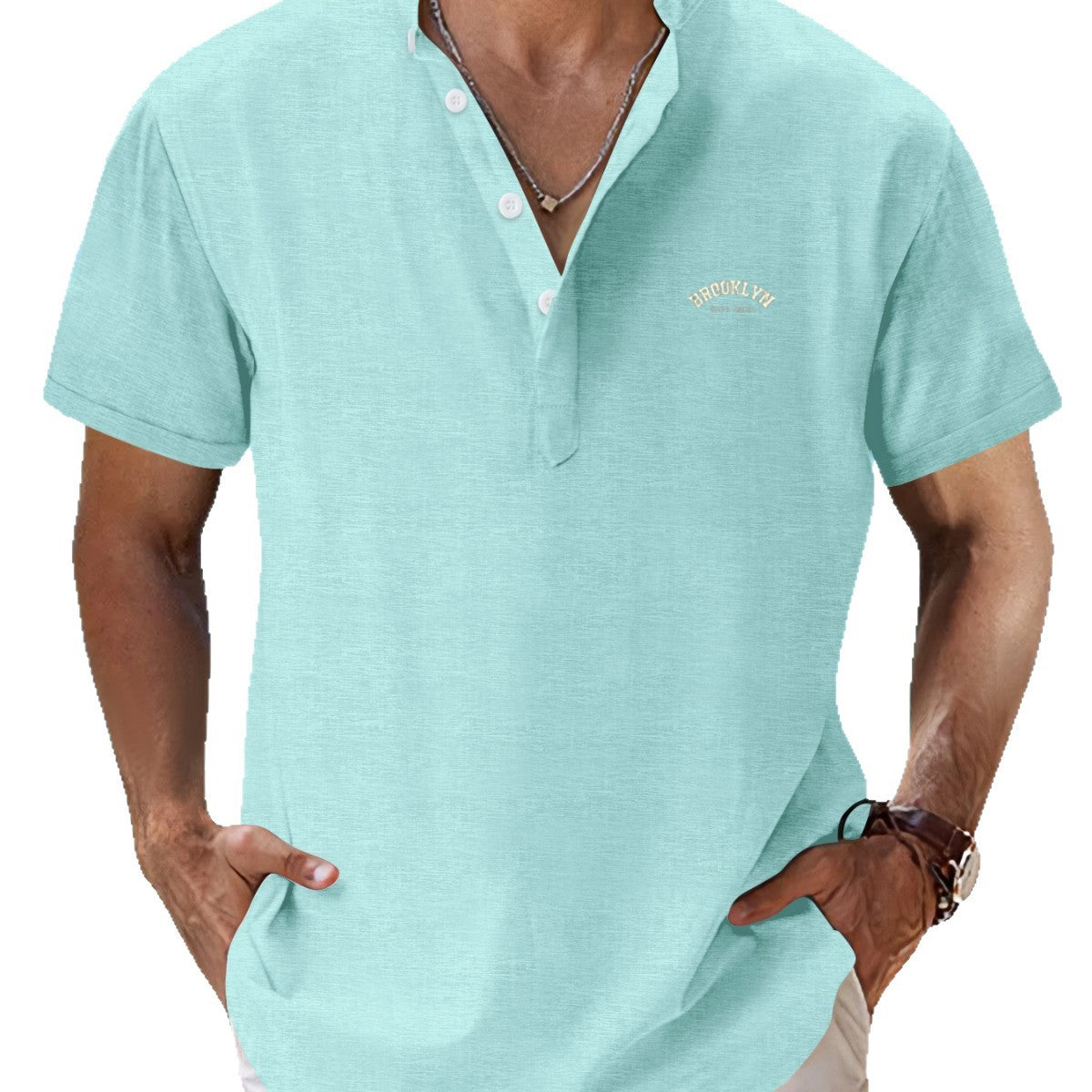 2025New retro loose textured woven shirt for men2025Summer New Stand Collar T Breathable Short Sleeve T-Shirt