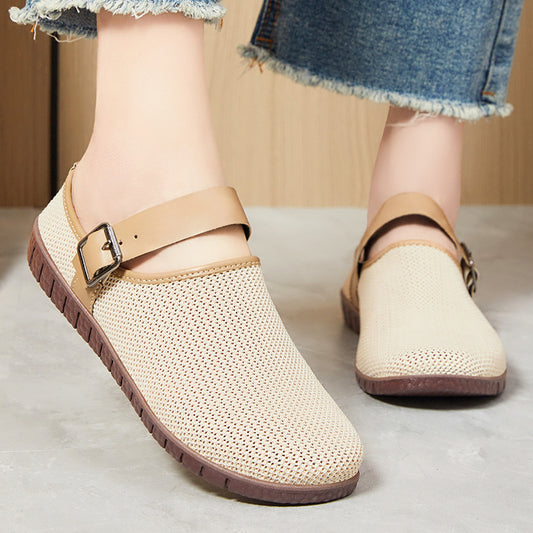 Shoes Women's Casual New Style Versatile Soft Sole Sandals insF French Style Women's Outdoor Slippers Flyknit Mesh Closed Toe Half Slipper