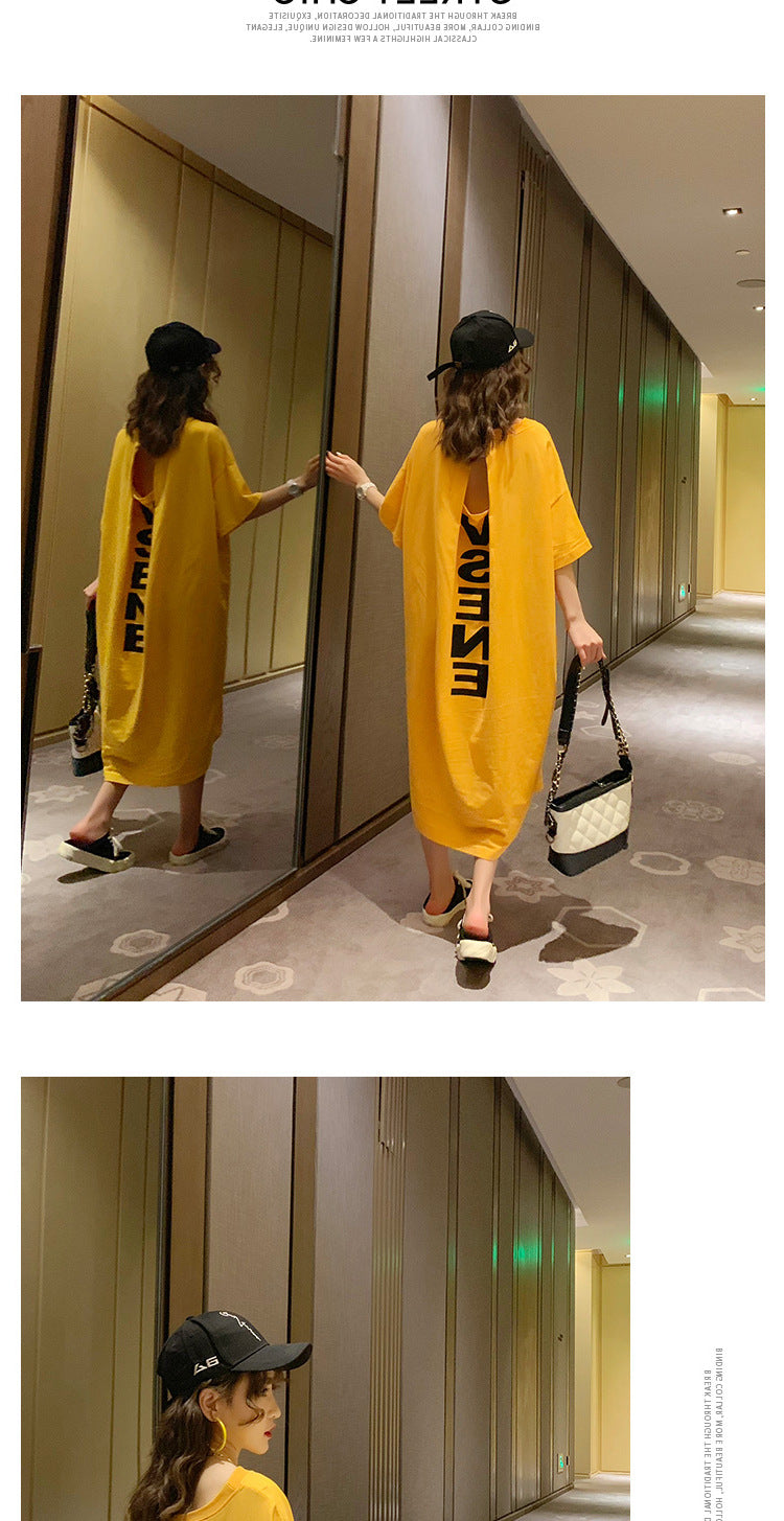 Summer Korea200Jin Fat mm Dress Women's Long Backless Loose Maxi Dress Plus Size Short Sleeve Maternity T T-shirt Skirt