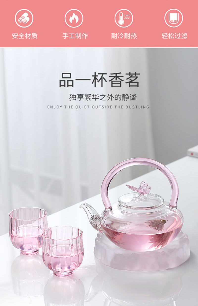 Teapot with Pink Handle Butterfly Teapot High Borosilicate Heat-Resistant Glass Teapot Electric Ceramic Stove Special Tea Brewing Teapot Flower Tea Teapot