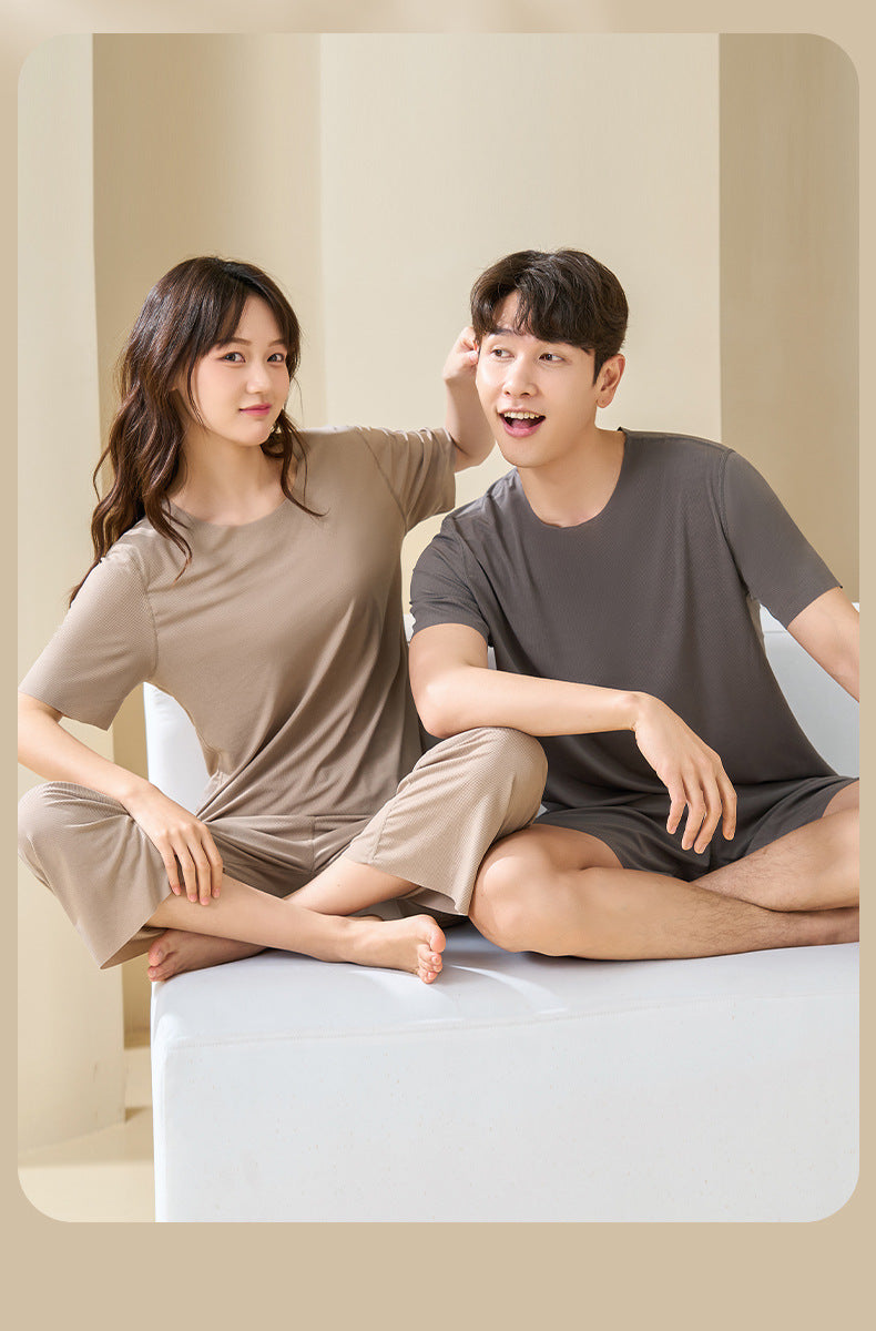 Couple Pajamas Women's Round Neck Short Sleeve Pajama Set Summer Shorts Men's Thin Seamless Ice Silk Homewear Wholesale