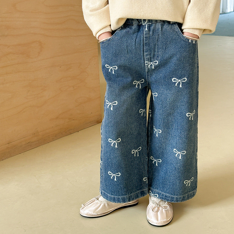 Girls' Pants Bowknot Print Jeans Wide Leg Straight2025Autumn New Fashionable and Stylish for Girls and Young Children