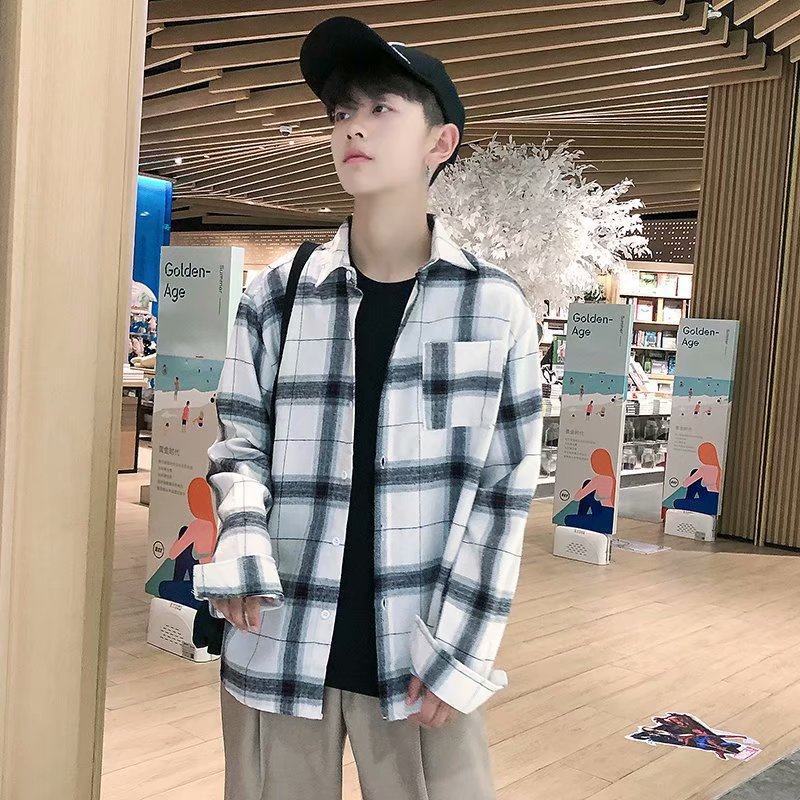 2025Plaid Long Sleeve Shirt Men Korean Version Slim Fit Youth Trendy Handsome Shirt Couple Casual Thin Shirt