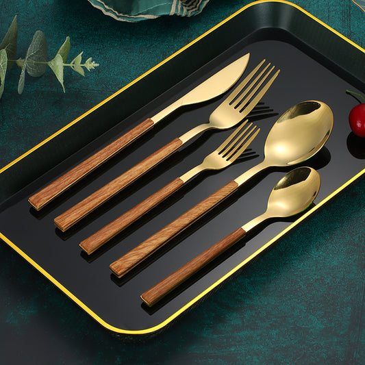 Stainless Steel Clip Handle Tableware Japanese and Korean ins Imitation Wood Grain Handle Steak Knife Fork Spoon Set Wooden Handle Dessert Spoon