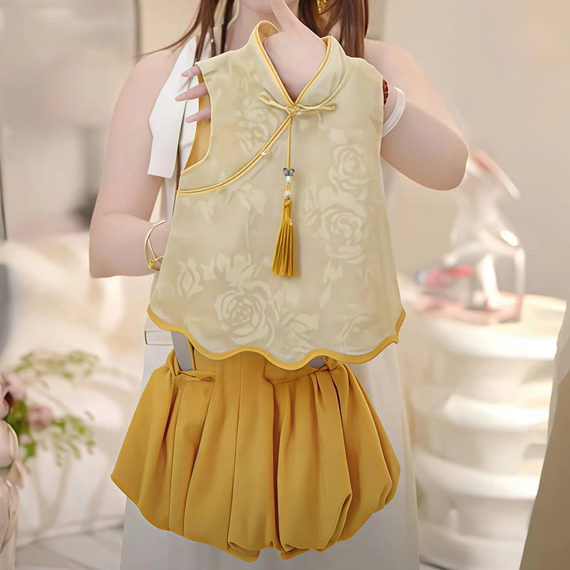 Sweet Little Girl Chinese Style Outfit2025Summer New Style Baby Girl New Chinese Style Summer Outfit Children's Hanfu Two-Piece Set