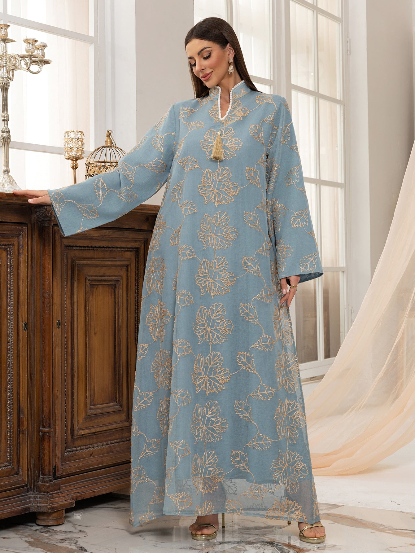 Cross-Border New Leaf Embroidery Tassel Middle Eastern Muslim Clothing Long Dress Fashion Elegant Cover-Up Dress Robe