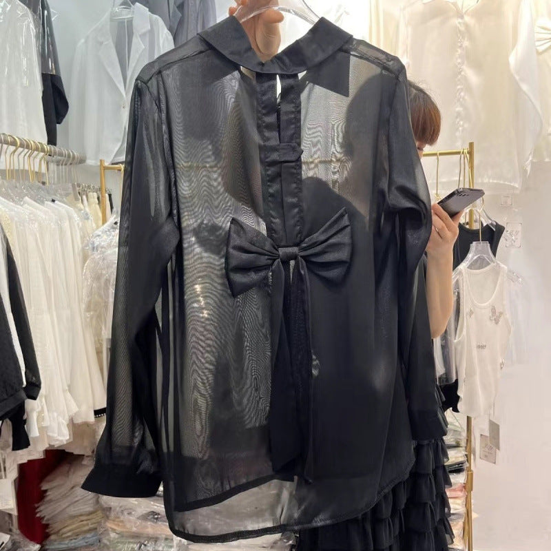 2025Summer Gentle Sweet Back Bow Pearl Sunscreen Blouse for Women Thin Sheer Chiffon Shirt Top
