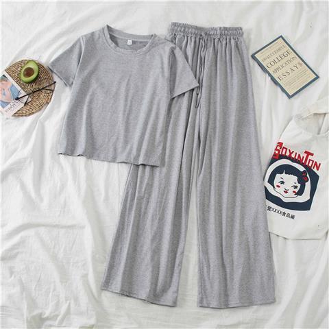In Stock Cross-Border Amazon Summer New Korean Style Fashionable Petite Height-Enhancing Set Women Short Sleeve Wide-Leg Pants Casual Pants