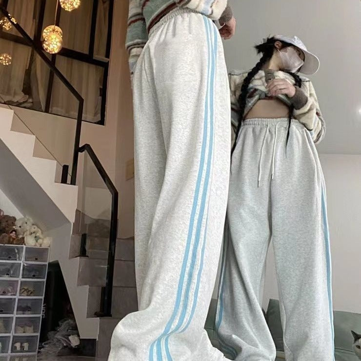 Melard Wide-Leg Pants for Women, Autumn and Winter New Loose Slimming Versatile American Style Striped Casual Sports Sweatpants