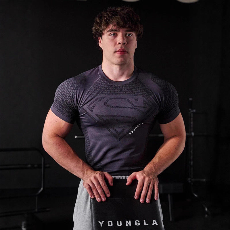 YOUNGLA New American-style Muscle Fitness Men's Sports Short Sleeve Casual Running Quick-dry Breathable Tight-fitting Shirt t T-shirt