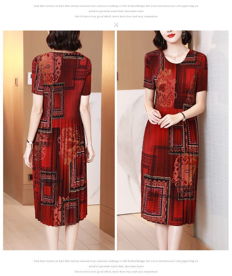 Pleated Printed Short Sleeve Mid-Length Mom Dress2025Summer Retro Round Neck Casual Loose Plus Size Dress