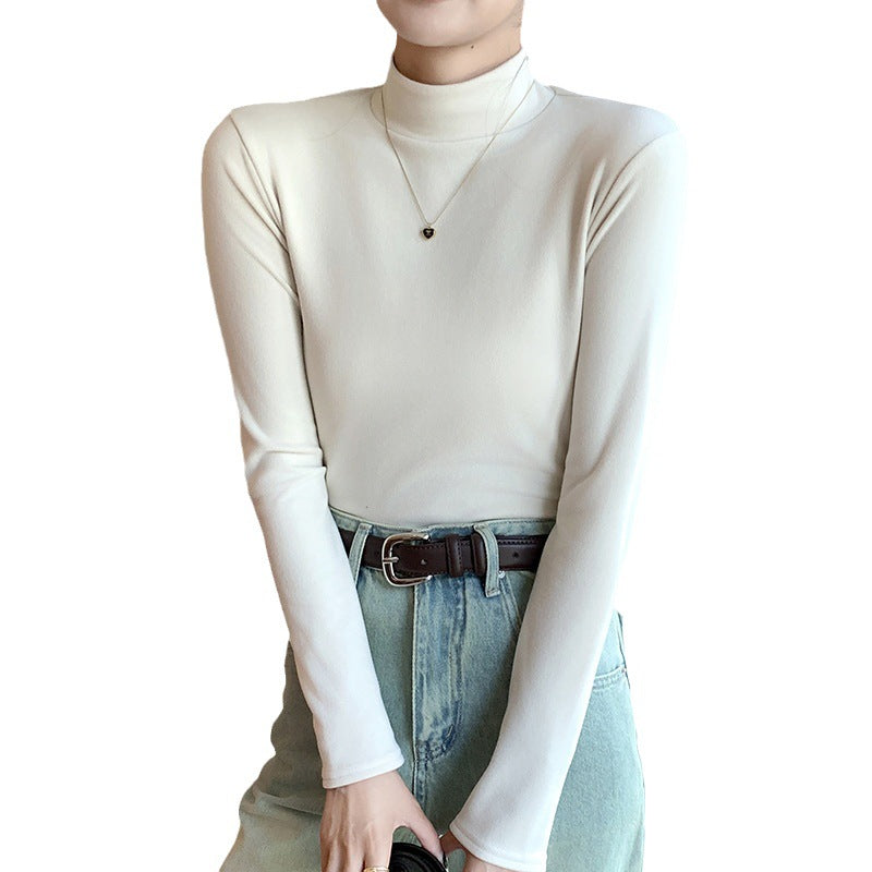 Half Turtleneck Double-Sided Thermal Base Shirt for Women, Spring and Autumn Style, Stylish Inner Wear, Solid Color, Fleece-Lined, Thickened, Warm Long-Sleeve Top