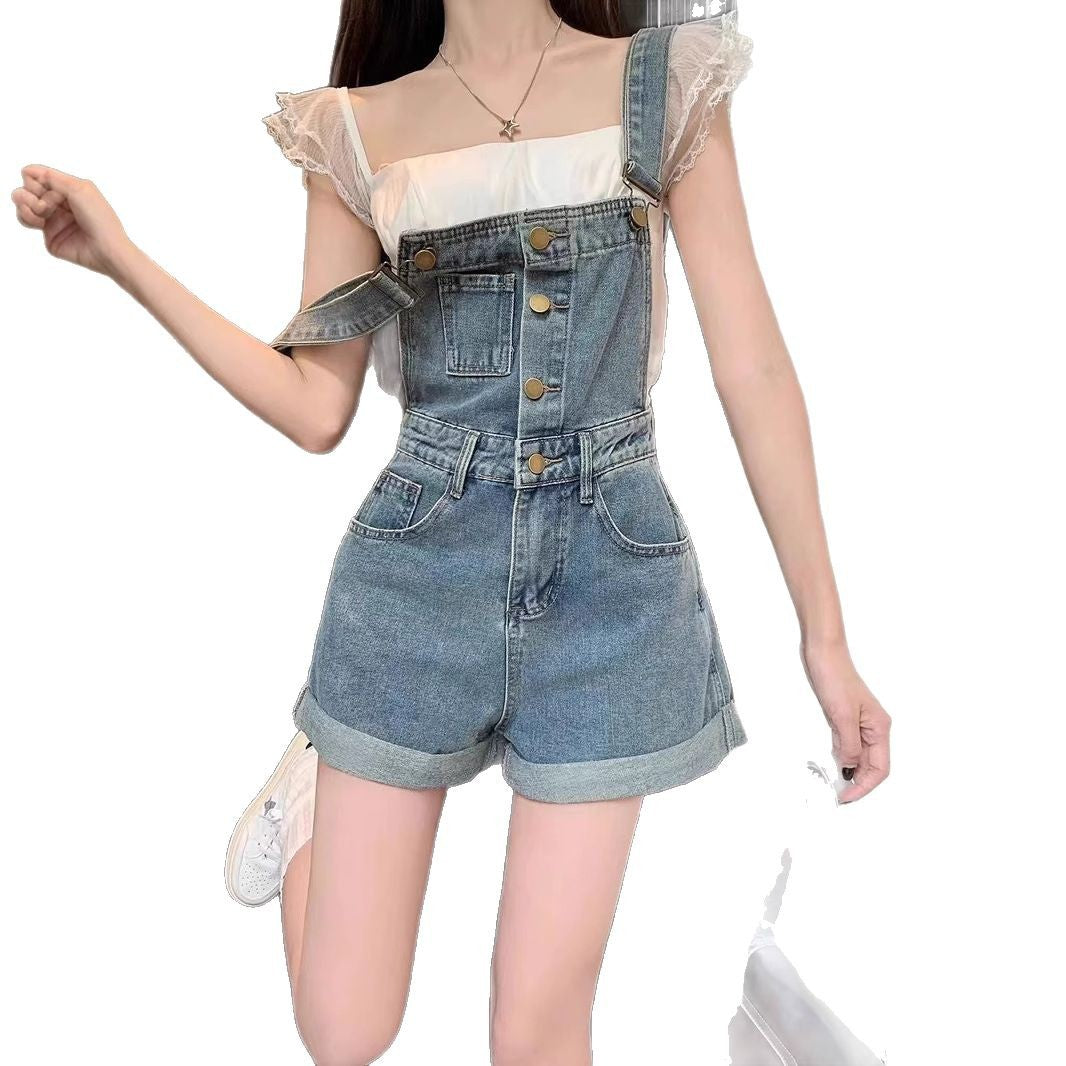 Internet Celebrity Youthful Denim Strap Shorts for Women Summer2025New Workwear Wide-Leg Hot Pants with a Sense of Design and Strap Design