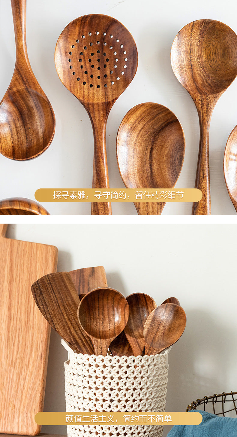 Acacia Wood Spatula Teak Wood Spatula and Spoon Set Solid Wood Household Cooking Spoon Strainer Spoon Small Leaf Three-Line Frying Spatula In Stock