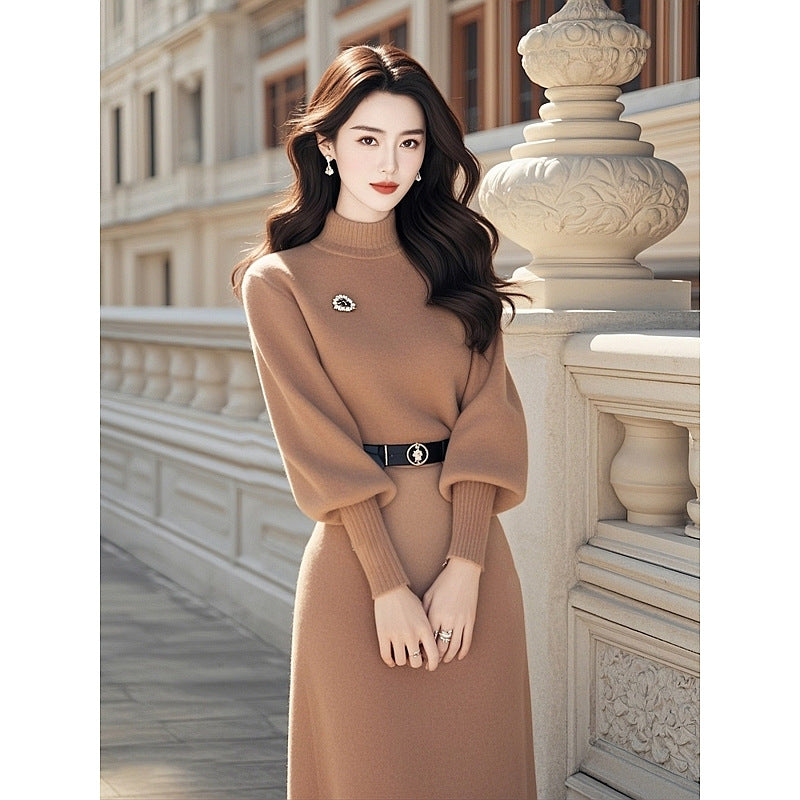 2024Winter French Style High-End Elegant Waist-Cinching Little Chanel Style Khaki Long-Sleeve Knitted Dress for Women