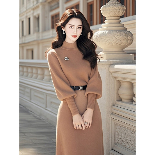 2024Winter French Style High-End Elegant Waist-Cinching Little Chanel Style Khaki Long-Sleeve Knitted Dress for Women