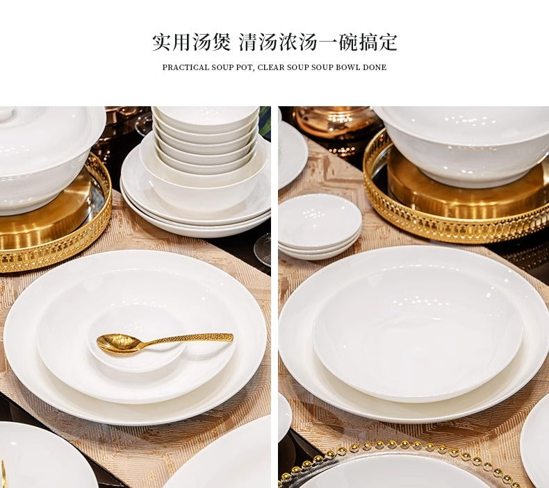 Tangshan Bone China Pure White Underglaze Color Bowl and Plate Set Household Combination Tableware Set Bowl Plate Dish Gift Box High Temperature Porcelain