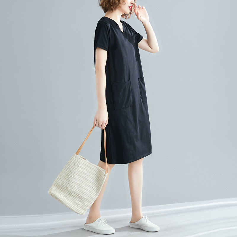 Plus Size Women's Summer Loose Korean Style Mid-Length Dress T Shirt and Skirt for Plus Size mm Solid Color V Collared Slimming Short Sleeve Dress