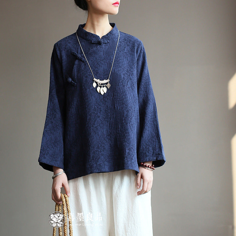 8813Xi Mo Women's Clothing Republic of China Retro Artistic Spring and Autumn New Double Layer Jacquard Button Shirt Chinese Style Short Top