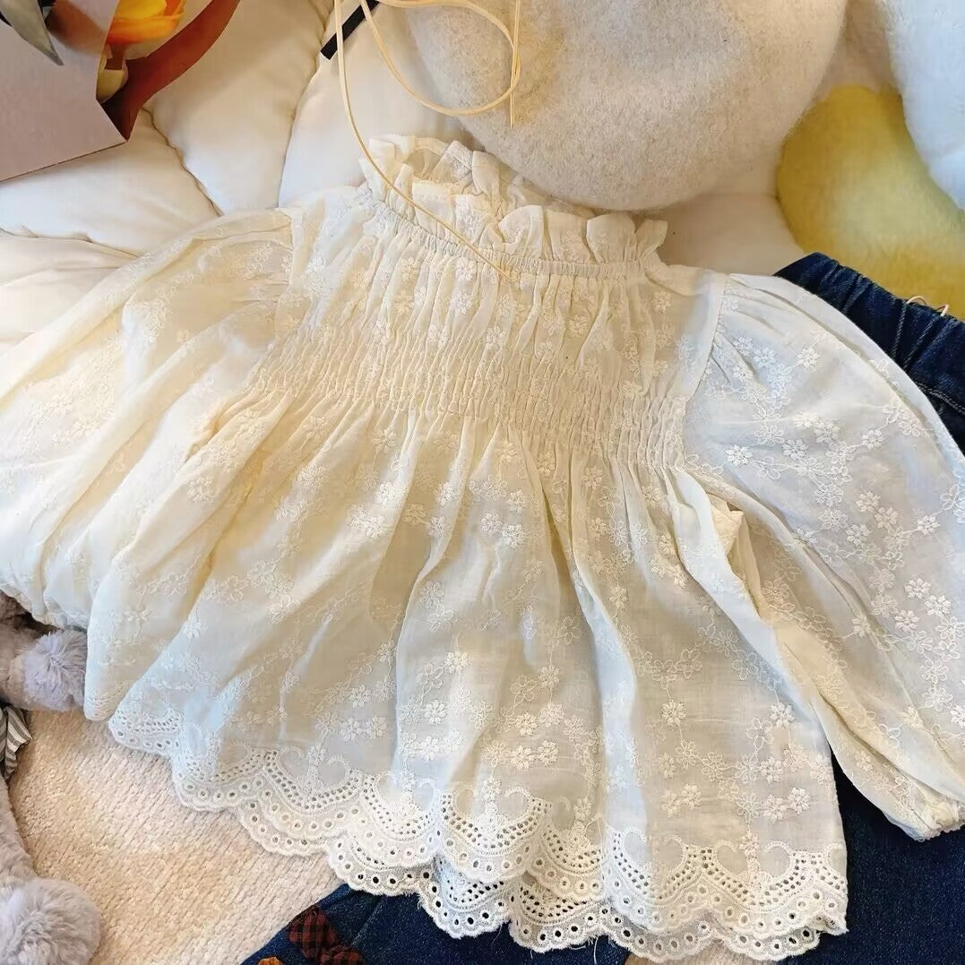 Sweet Little Sister Children's Shirt Autumn New Korean Version Children's Clothing Baby Girl Cute Lace Embroidery High-end Doll Shirt
