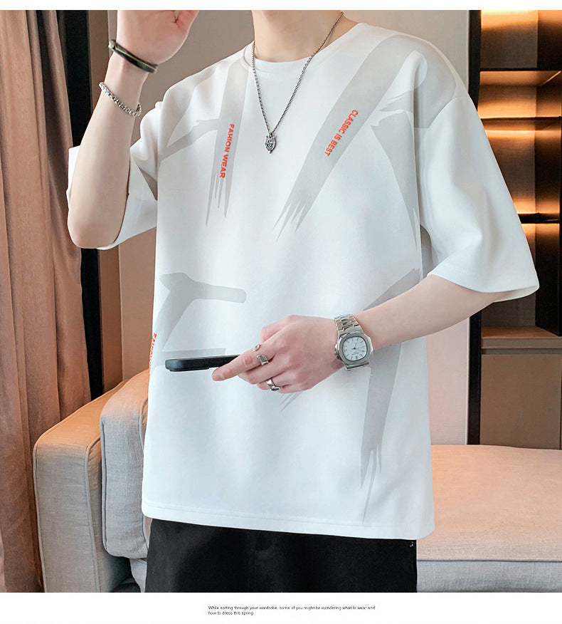 Summer Trendy Hong Kong Style Men's Printed Round Neck Short Sleeve T T-shirt Plus Size Loose Casual T-Shirt for Overweight Men