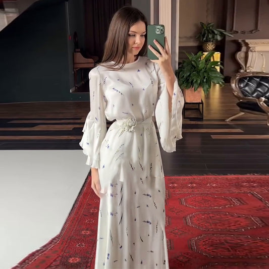 2025New European and American Amazon Cross-Border Women's Fashion Round Neck Printed Long Sleeve Floral Skirt Two-Piece Set