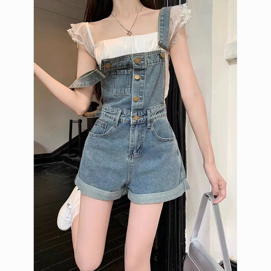 Internet Celebrity Youthful Denim Strap Shorts for Women Summer2025New Workwear Wide-Leg Hot Pants with a Sense of Design and Strap Design