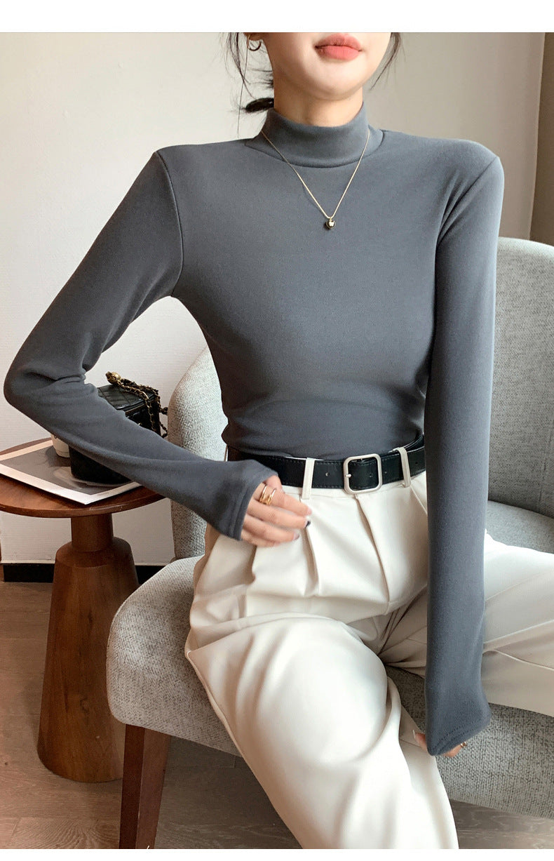 Half Turtleneck Double-Sided Thermal Base Shirt for Women, Spring and Autumn Style, Stylish Inner Wear, Solid Color, Fleece-Lined, Thickened, Warm Long-Sleeve Top