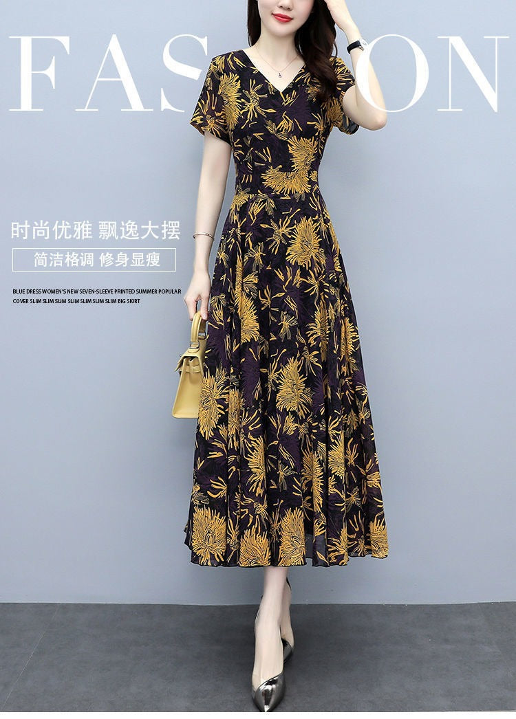2022Summer New Chiffon Floral Dress Slimming Waist Plus Size Women mm Tummy-Covering Elegant Long Dress