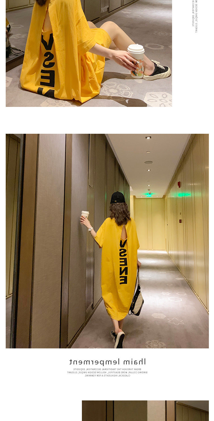 Summer Korea200Jin Fat mm Dress Women's Long Backless Loose Maxi Dress Plus Size Short Sleeve Maternity T T-shirt Skirt