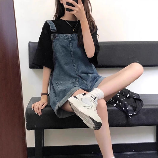 Women's Denim Overalls Summer Thin Loose Slimming Straight Strap Jumpsuit Denim Overalls Shorts