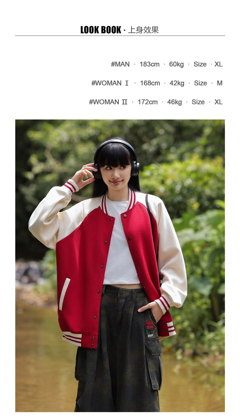 380g Trendy American Style Raglan Baseball Jacket Custom Spring Autumn Unisex Color Block Cardigan Workwear with Printing logo