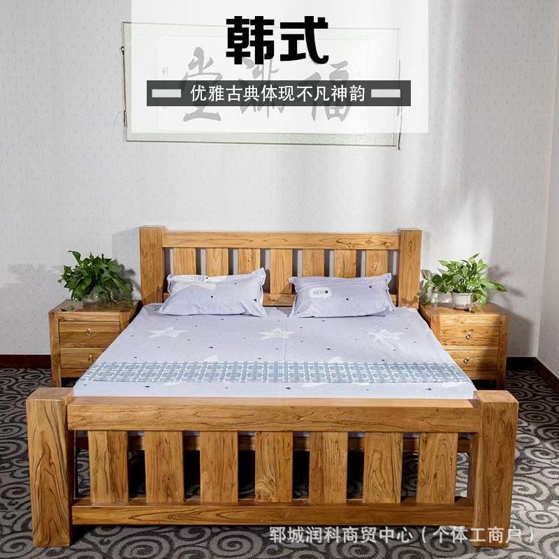 Old Elm Solid Wood Bed Modern Simple Bed Homestay Internet Celebrity Rental Dormitory Falcon Rivet Tatami Hard Board Bed