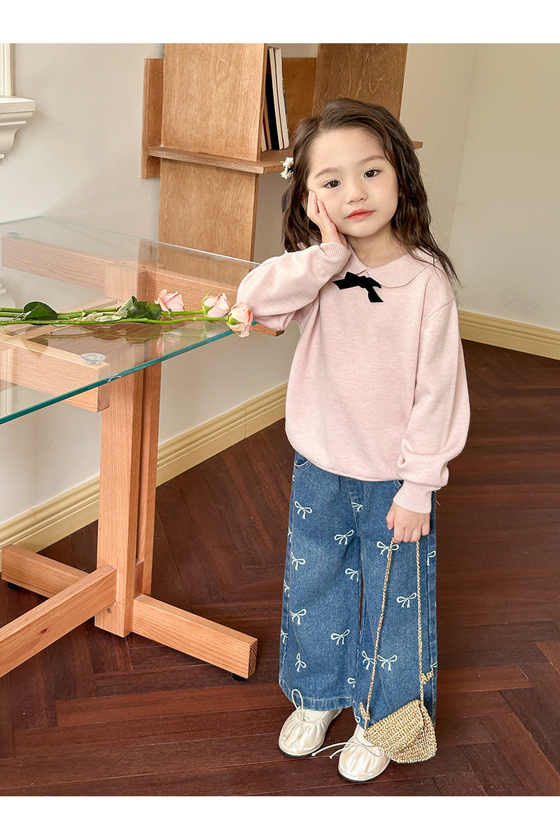 Girls' Pants Bowknot Print Jeans Wide Leg Straight2025Autumn New Fashionable and Stylish for Girls and Young Children