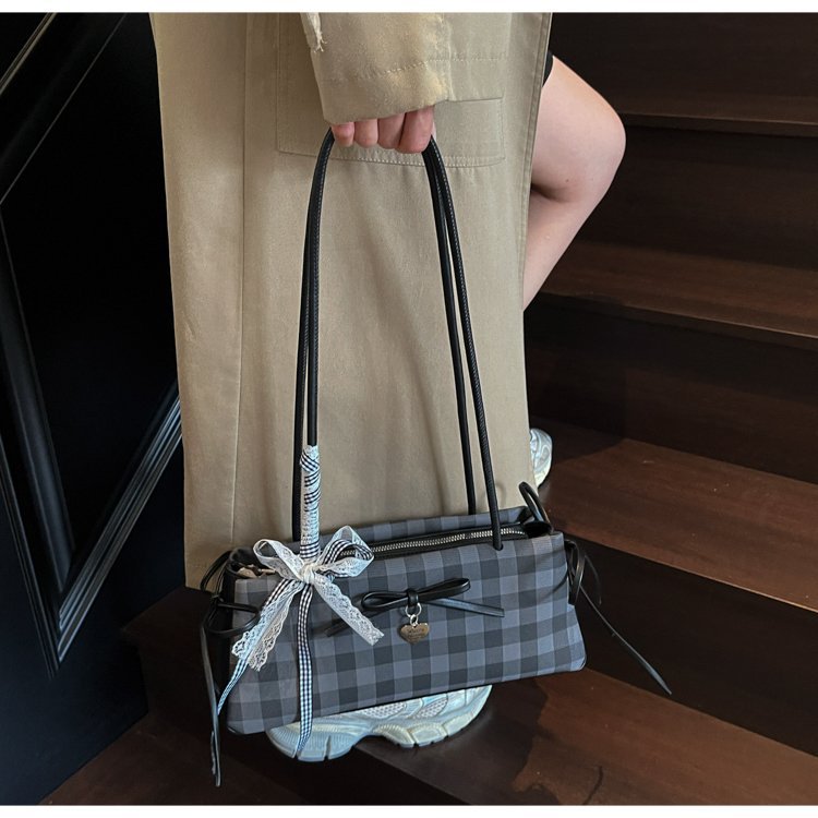 Dopamine Plaid Handbag Small Tote Bag for Women Summer2025New Ballet Style Bow Baguette Bag Underarm Bag Trendy