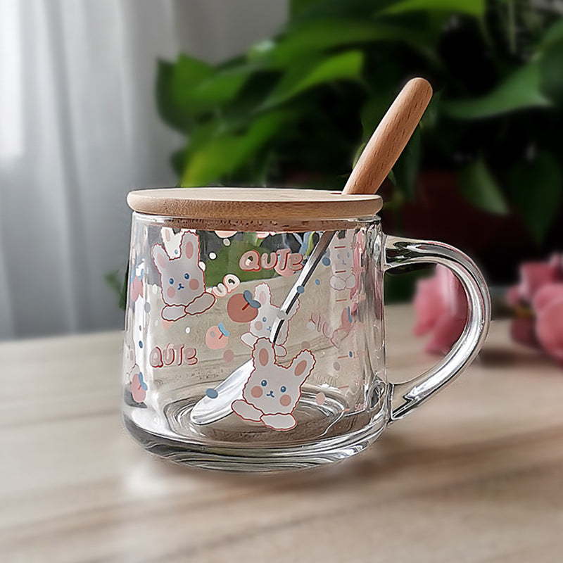 ins Glass Cup with Straw Milk Breakfast Cup Cute Cartoon Graduated Cup with Lid Spoon Gift Customization logo