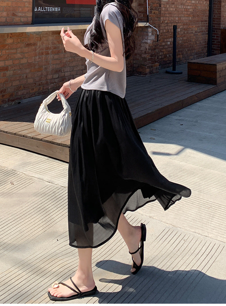High-end Flowing Sheer Skirt for Women in Summer2025New Style Glassy Sheer Large Hem Mid-Length Draped a Women's pleated skirt